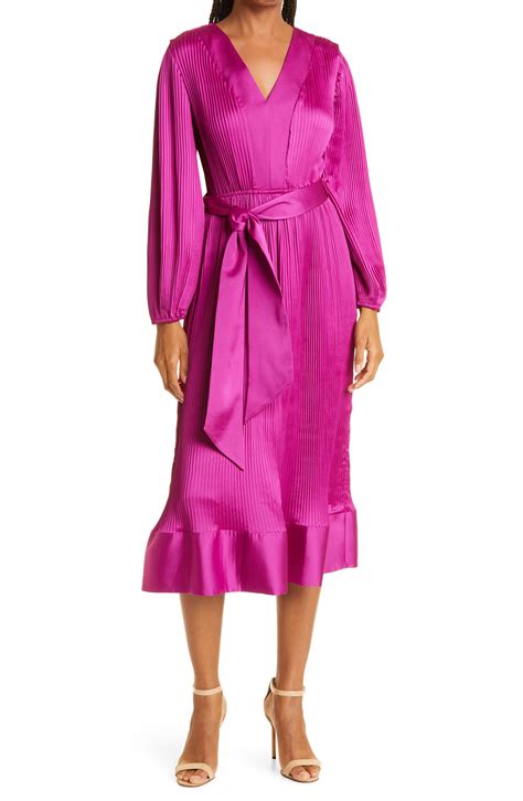 Milly Vivianna Pleated Satin Long Sleeve Dress In Pink Lyst