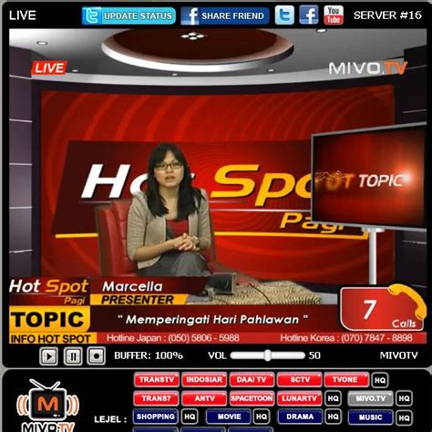 Mulai dari trans 7, trans tv, mnc tv, rcti, antv, indosiar mivo tv menyediakan lebih dari 50 channel tv, baik tv indonesia maupun tv luar negeri yang bisa kamu tonton secara gratis. TV ONLINE INDONESIA