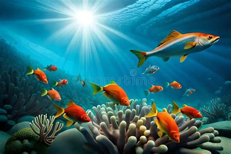 Underwater Coral Reef In The Deep Blue Ocean With Colorful Fish And