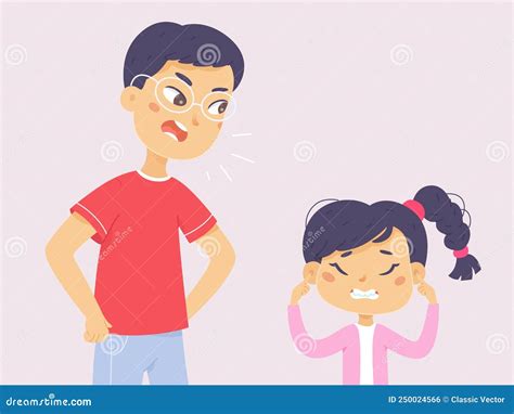 Angry Yelling Parent And Upset Child Girl Ignoring Man Stubborn Kid