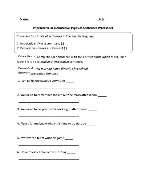 Kids will come up with some examples on their own, and then respond to a picture prompt. Imperative or Declarative Types of Sentences Worksheet ...