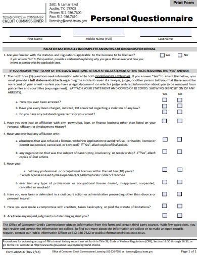10 Personal Questionnaire Templates In Pdf Microsoft Word