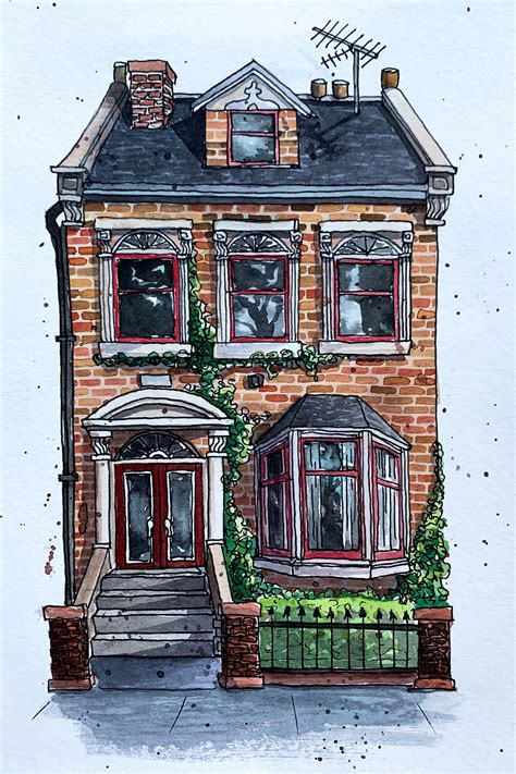 A Watercolor Painting Of A Brick House With Red Doors And Windows On