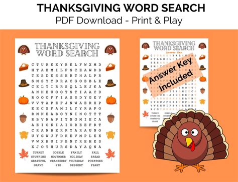 Thanksgiving Word Search For Kids Printable Pdf Etsy