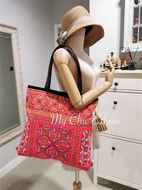 Bright and Colorful Handmade Tote Bag with Leather Shoulder Straps in ...
