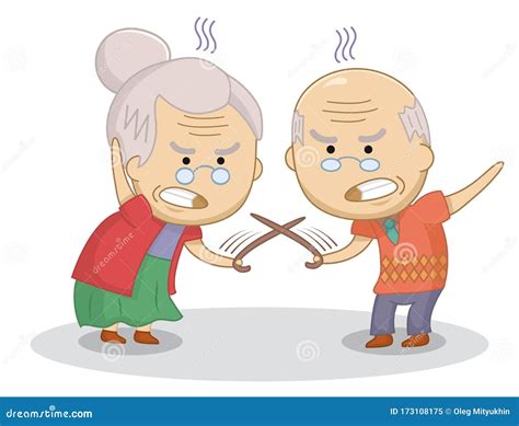 Funny Cartoon Elderly Couple Duel With Canes An Elderly Married Couple