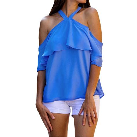 Summer Off The Shoulder Tops For Women 2018 Ruffles Short Sleeve Halter T Shirt Sexy Bandage