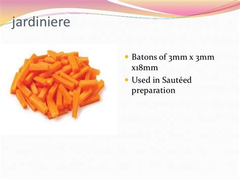 Macedoine diced cut is a diced cube, 0.5 cm (just under ¼ in) square, larger than the. Cuts of vegetables