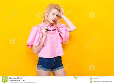 Blonde Woman In Pink Blouse With Sunglasses Stock Image Image Of