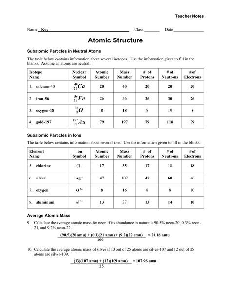 Atomic Structure Worksheet 1 Answer Key
