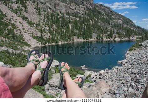 Man Woman Feet Sandals Relax Alpine Stock Photo Edit Now 1119078821