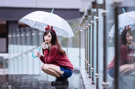 Hd Wallpaper Asian Model Women Long Hair Brunette Rain Umbrella