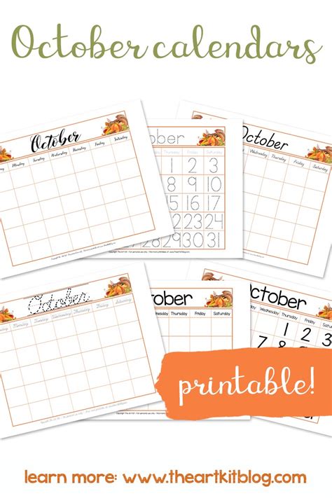 Free Printable October Monthly Calendars Many Fonts The Art Kit
