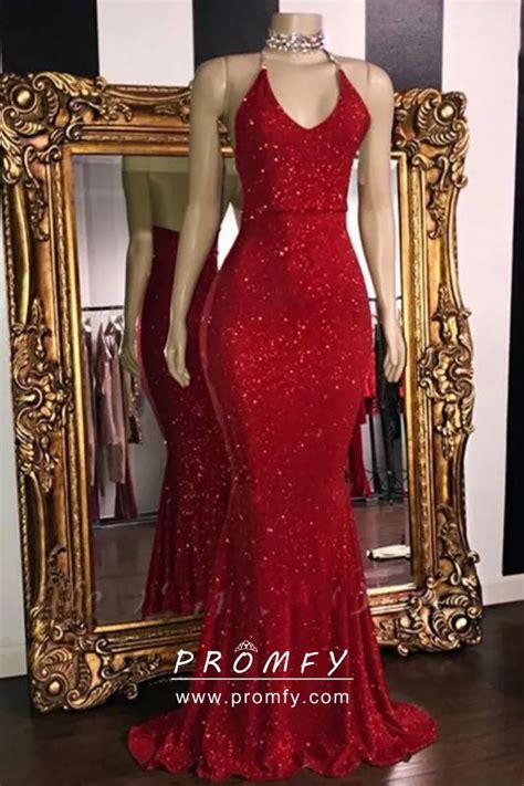 Sparkly Red Glitter V Neck Mermaid Long Prom Dress Promfy