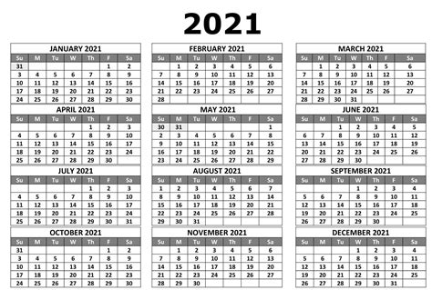 Full Year Calendar 2021 Printable Calendar Template 2023