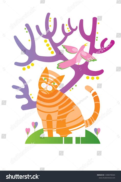 Ginger Tabby Cat Sits Under Tree Stock Vector Royalty Free 1298378365