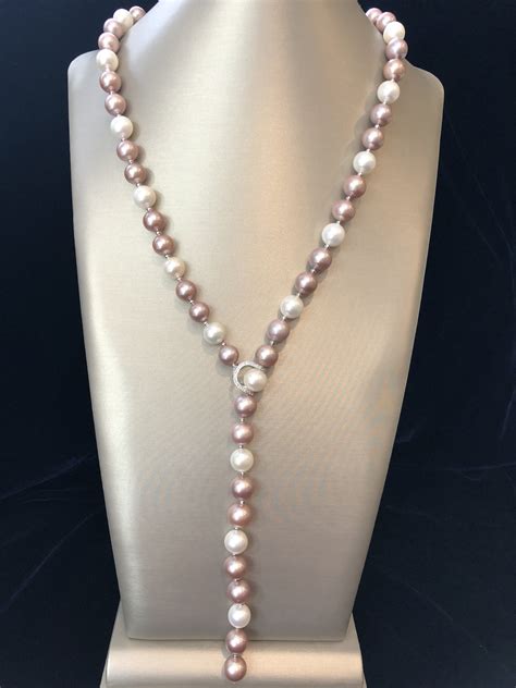 Fine 11mm White And Pink Cultured Pearl Diamond Lariat Necklace Fine