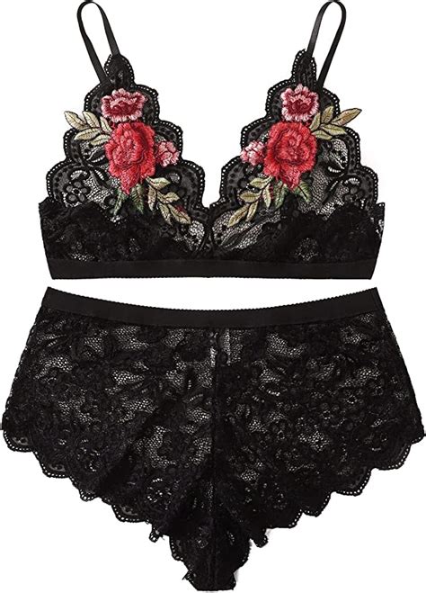 Milumia Womens Plus Size Lingerie Set Sheer Applique Floral Lace Bralette With Shorts Nightwear