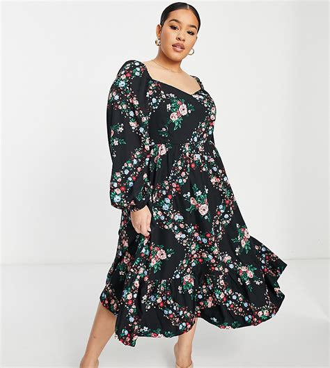 Simply Be Sweetheart Neck Tiered Midi Dress In Black Floral Modesens