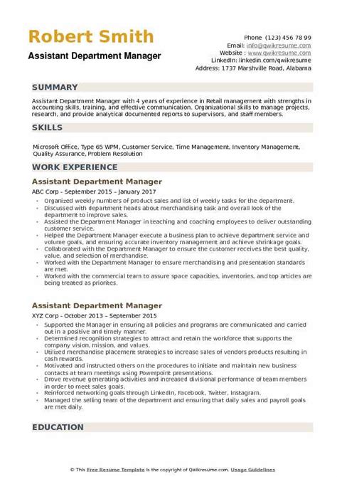 1) acting with honesty and integrity; Assistant Department Manager Resume Samples | QwikResume