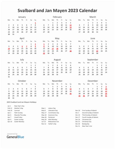 2023 Yearly Calendar Printable With Svalbard And Jan Mayen Holidays