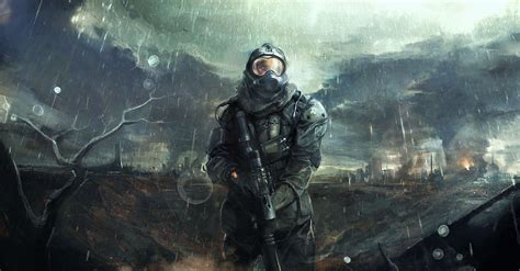 Hd Man Helmet Armor Art Clouds Weapon Dark Rain Soldier Apocalyptic