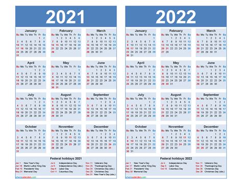 2021 And 2022 Calendar Printable With Holidays