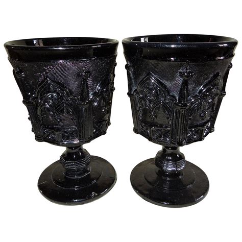 Two Gothic Revival Pressed Opaque Black Glass Goblets Cristalleries Saint Louis At 1stdibs