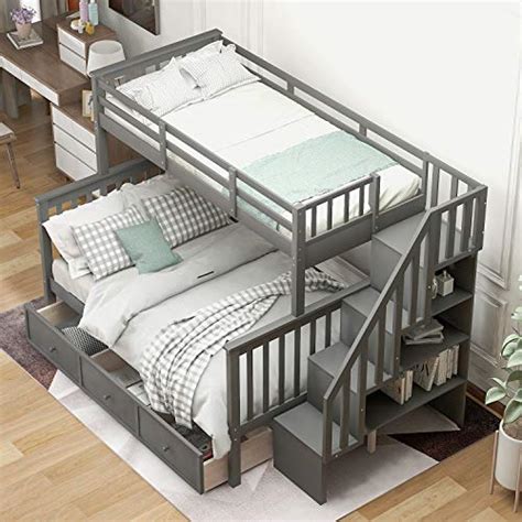 Meritline Twin Over Full Bunk Bed With Stairs Wood Bunk Bed Frame With