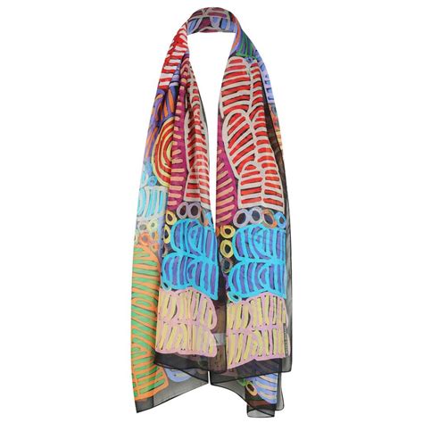 Boxed Silk Scarf Aboriginal Print “awelye And Bush Melon” Bright Multi Colour By Betty Mbitjana