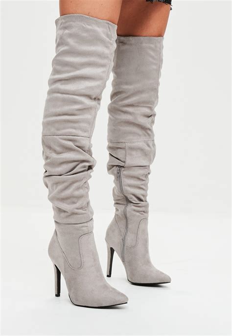 Missguided Grey Faux Suede Over The Knee Ruched Boots In Gray Lyst