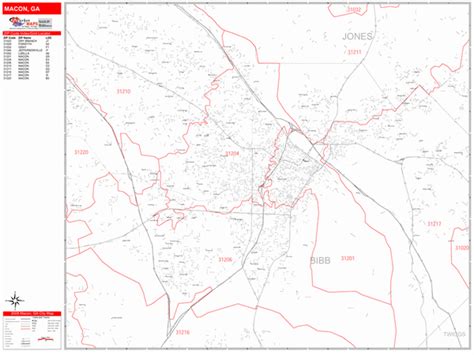 Macon Georgia Zip Code Wall Map Red Line Style By Marketmaps