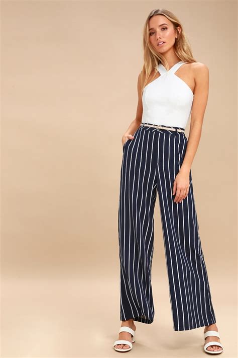 Ppla Pants Wide Leg Pants Navy Blue Striped Pants