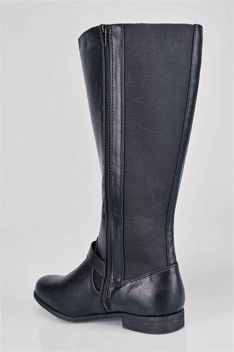 Black Knee High Riding Boots With Buckle Detail With Xl Calf Fitting In