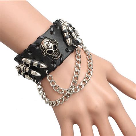 Unisex PU Leather Cool Bracelet Punk Bullet Wristband Adjustable Skull