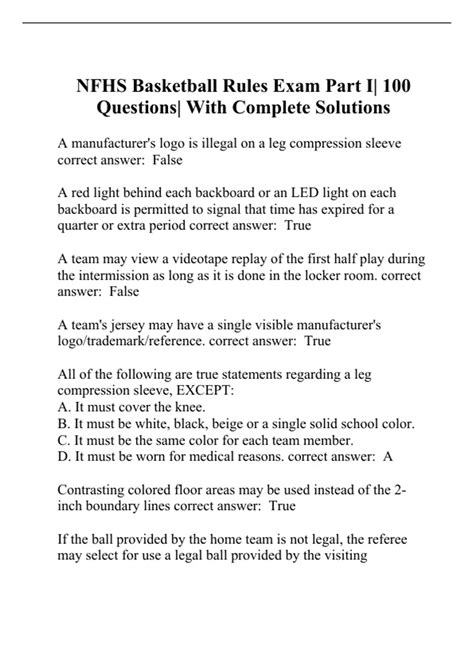 Nfhs Basketball Rules Exam Part I 100 Questions With Complete