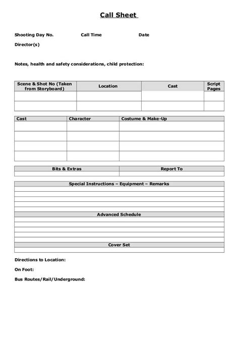 Blank Call Sheet Template 5 Professional Templates Cover Letter