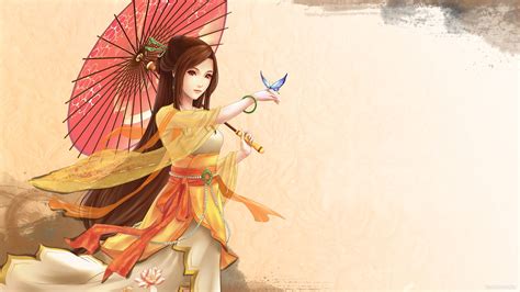 Japanese Girl In Kimono And Umbrella Anime Girls Wallpaper 1920x1080