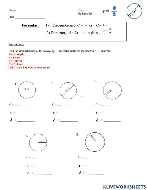 Radius Diameter And Circumference Of A Circle Worksheet Live Worksheets