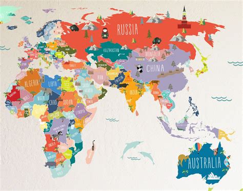 Wall Decal World Map Interactive Map Wall Sticker Room Etsy Map
