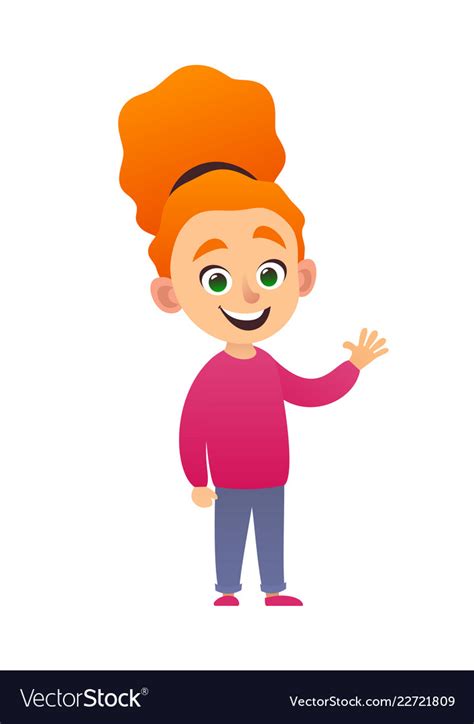 Cute Little Redhead Girl Standing And Waving Hand Vector Image