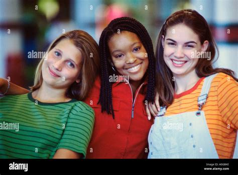 Portrait Of Three Teenage Girls Smiling Stock Photo Alamy