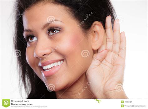 Gossip Girl With Hand Behind Ear Spying Stock Photo Image Of Ethnic