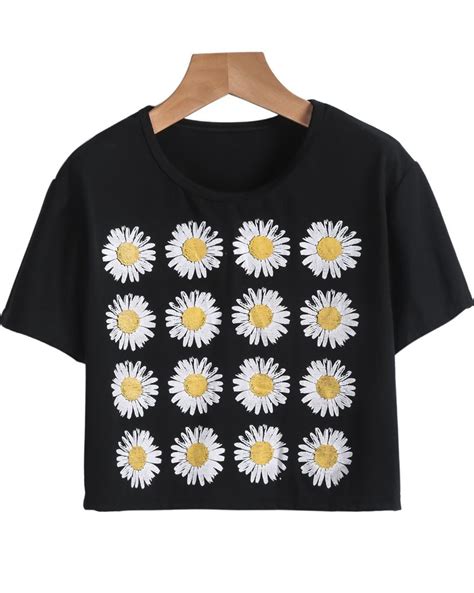 Camiseta Crop Girasol Manga Corta Negro Us990 Floral Crop Tops Black