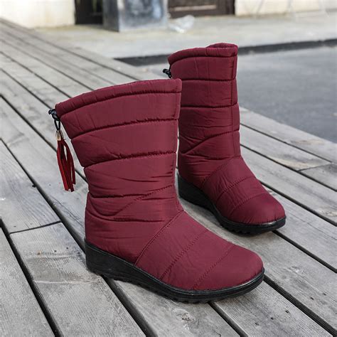 Womens Mid Calf Waterproof Snow Boots Winter Warm Non Slip Flat Shoes