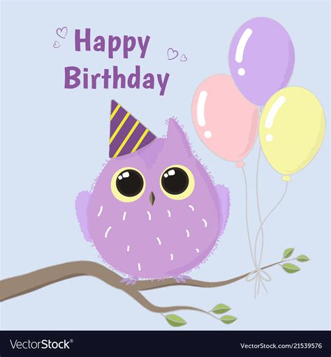 Check spelling or type a new query. Cute purple owl happy birthday card Royalty Free Vector