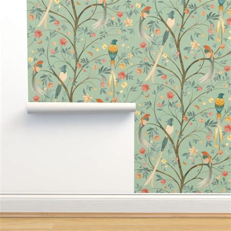 Chinoiserie Wallpaper Sanctuary Celadon By Etsy