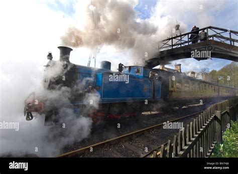 Un train locomotive à vapeur bleu sous une passerelle en bouffées de