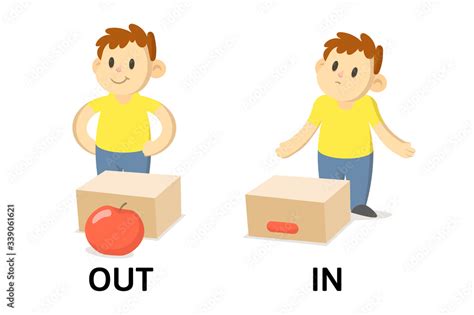 Words In And Out Opposites Flashcard With Cartoon Boy Charactes
