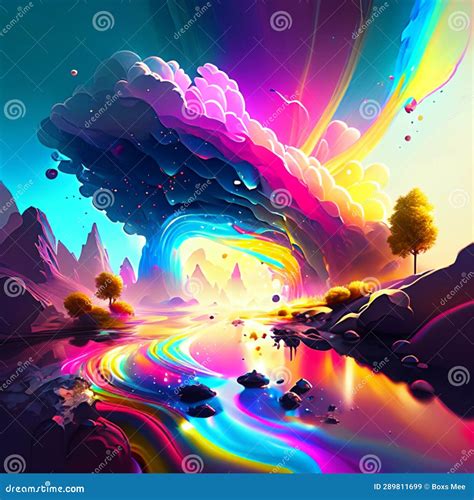 3d Illustration Of A Fantasy Landscape With A Rainbow And Clouds Ai